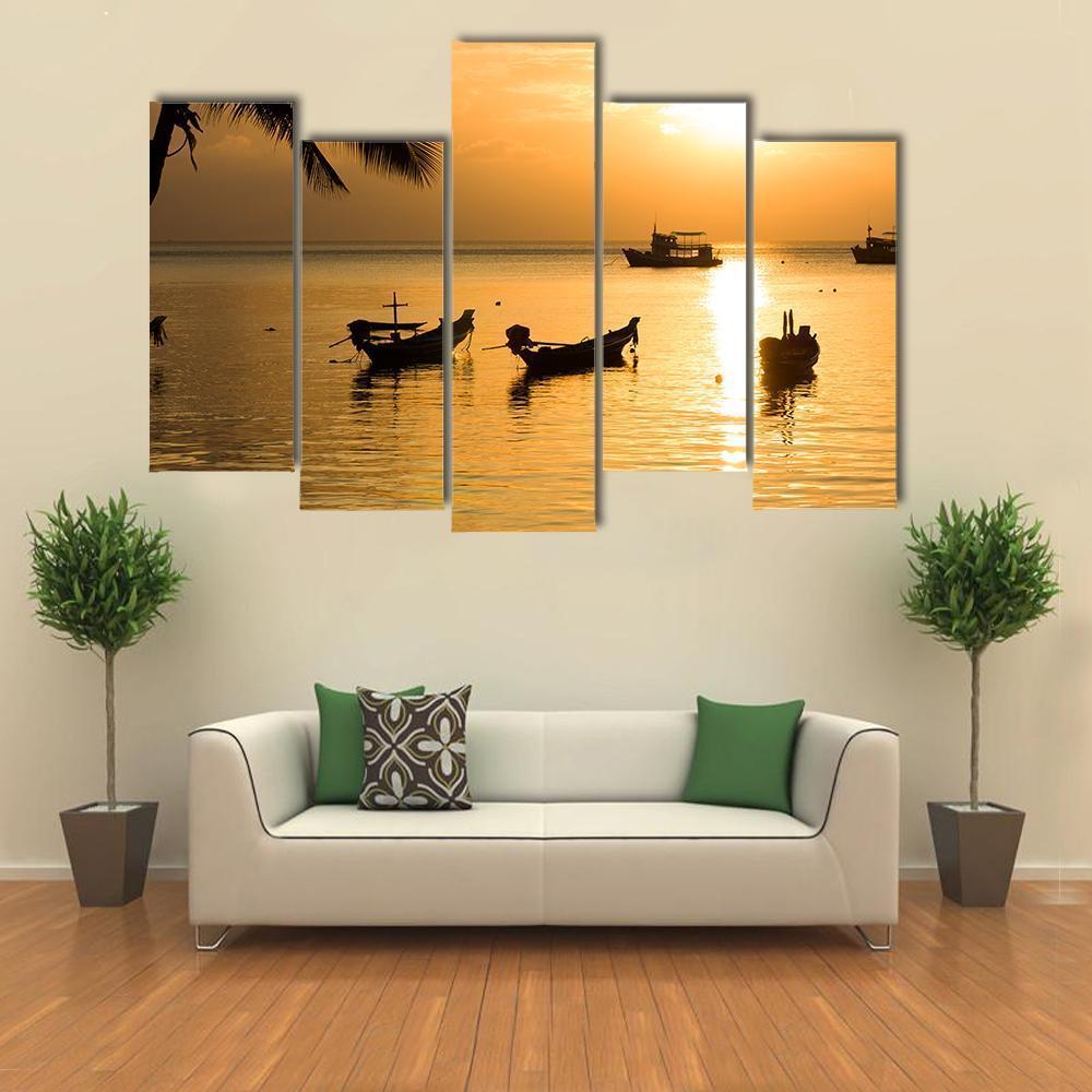 Sunset With Palm And Boats On Tropical Beach Canvas Wall Art-5 Pop-Gallery Wrap-47" x 32"-Tiaracle
