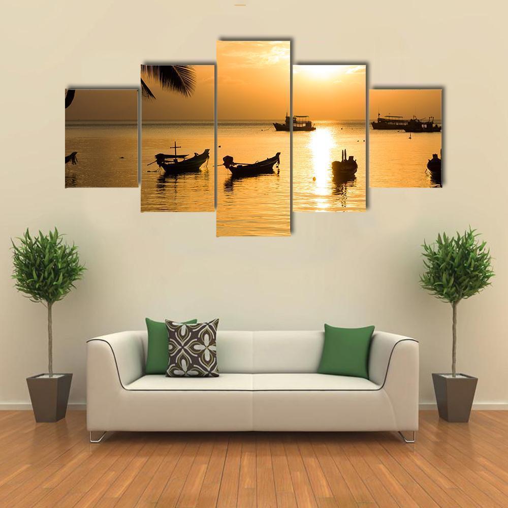 Sunset With Palm And Boats On Tropical Beach Canvas Wall Art-5 Star-Gallery Wrap-62" x 32"-Tiaracle