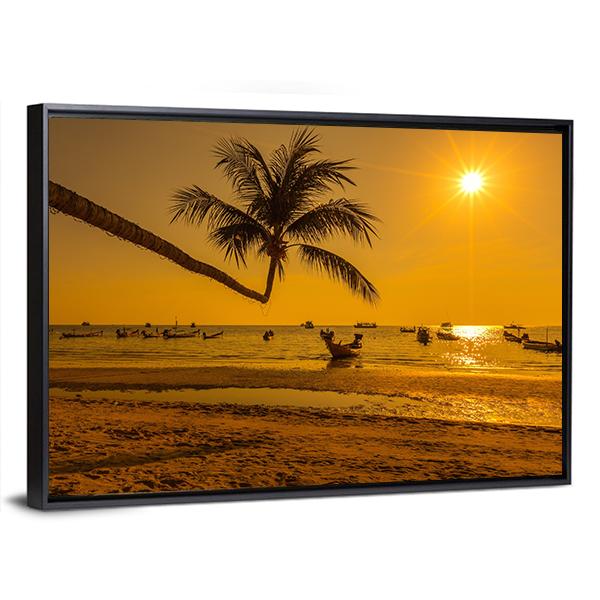 Sunset With Palm In Ko Tao Island Canvas Wall Art-3 Horizontal-Gallery Wrap-25" x 16"-Tiaracle
