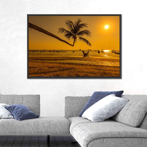 Sunset With Palm In Ko Tao Island Canvas Wall Art-3 Horizontal-Gallery Wrap-25" x 16"-Tiaracle