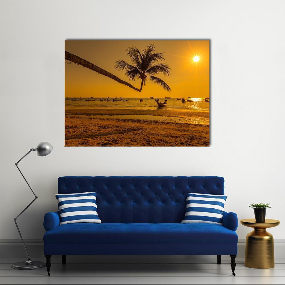 Sunset With Palm In Ko Tao Island Canvas Wall Art-1 Piece-Gallery Wrap-48" x 32"-Tiaracle