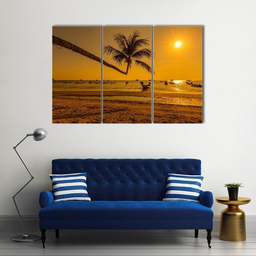 Sunset With Palm In Ko Tao Island Canvas Wall Art-3 Horizontal-Gallery Wrap-37" x 24"-Tiaracle