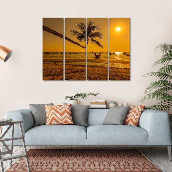 Sunset With Palm In Ko Tao Island Canvas Wall Art-4 Horizontal-Gallery Wrap-34" x 24"-Tiaracle