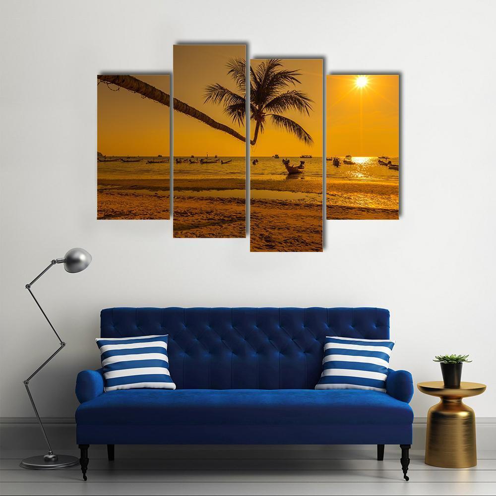 Sunset With Palm In Ko Tao Island Canvas Wall Art-4 Pop-Gallery Wrap-50" x 32"-Tiaracle