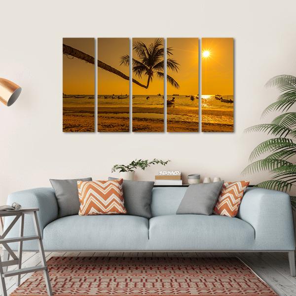 Sunset With Palm In Ko Tao Island Canvas Wall Art-5 Horizontal-Gallery Wrap-22" x 12"-Tiaracle