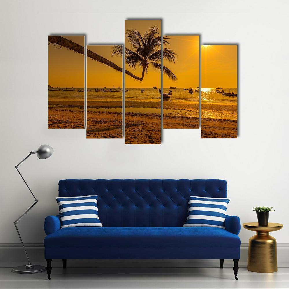 Sunset With Palm In Ko Tao Island Canvas Wall Art-5 Pop-Gallery Wrap-47" x 32"-Tiaracle