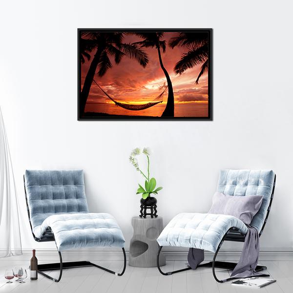 Serene Sunset with Silhouetted Palm Trees Canvas Wall Art in black, red and orange, framed canvas, product view on a white background