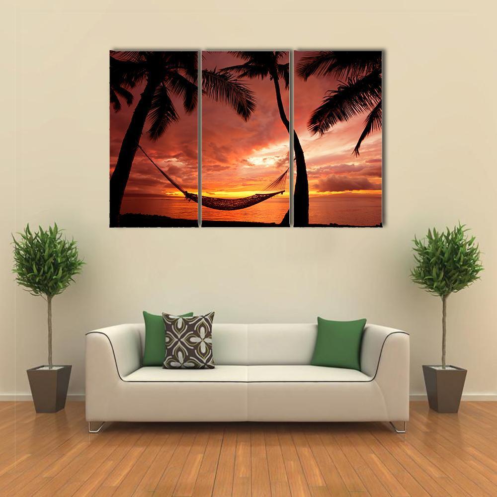 Sunset With Palm Trees Canvas Wall Art-3 Horizontal-Gallery Wrap-37" x 24"-Tiaracle