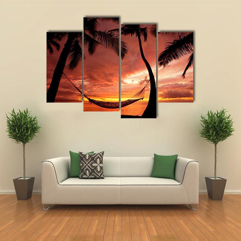 Sunset With Palm Trees Canvas Wall Art-4 Pop-Gallery Wrap-50" x 32"-Tiaracle