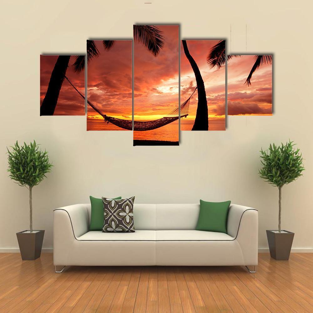 Sunset With Palm Trees Canvas Wall Art-5 Star-Gallery Wrap-62" x 32"-Tiaracle