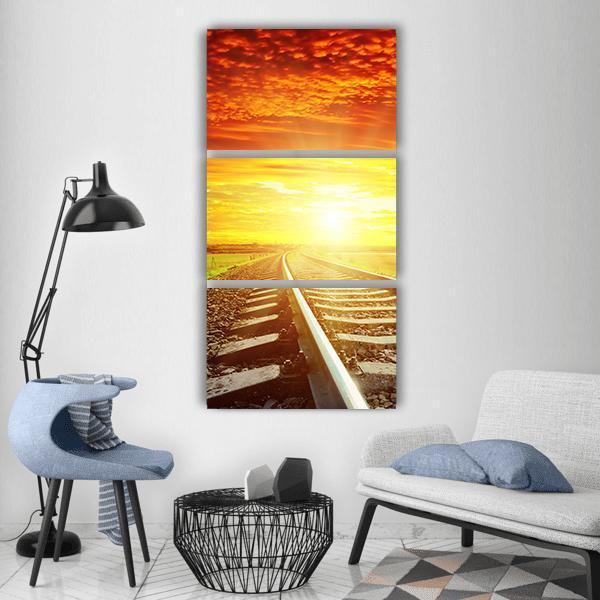 Sunset With Red Clouds And Railroad Vertical Canvas Wall Art-3 Vertical-Gallery Wrap-12" x 25"-Tiaracle