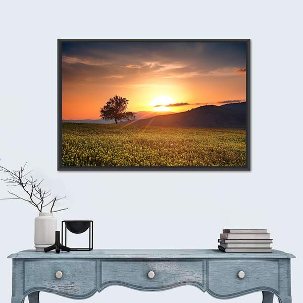 Sunset With Single Calm Tree Canvas Wall Art-1 Piece-Floating Frame-24" x 16"-Tiaracle