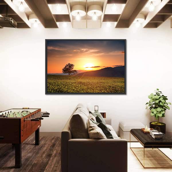 Sunset With Single Calm Tree Canvas Wall Art-3 Horizontal-Gallery Wrap-25" x 16"-Tiaracle