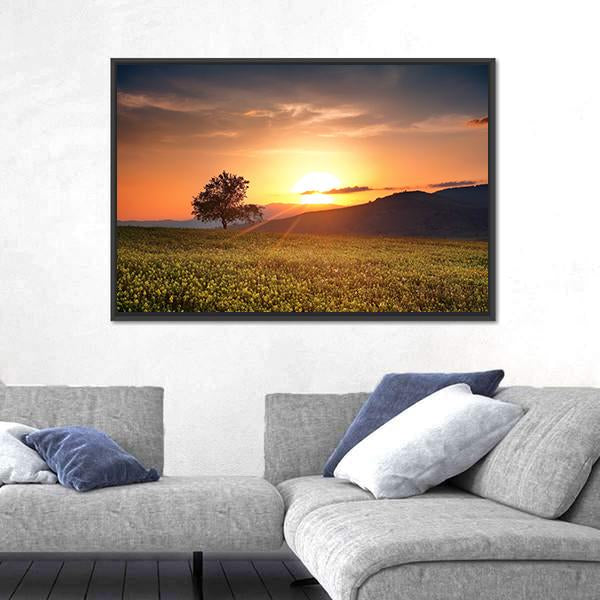 Sunset With Single Calm Tree Canvas Wall Art-3 Horizontal-Gallery Wrap-25" x 16"-Tiaracle