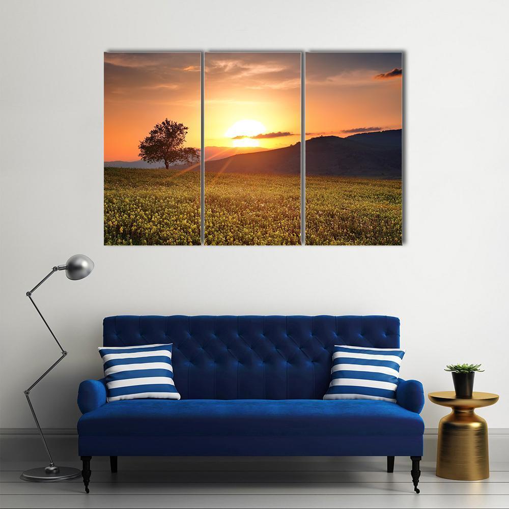 Sunset With Single Calm Tree Canvas Wall Art-3 Horizontal-Gallery Wrap-37" x 24"-Tiaracle