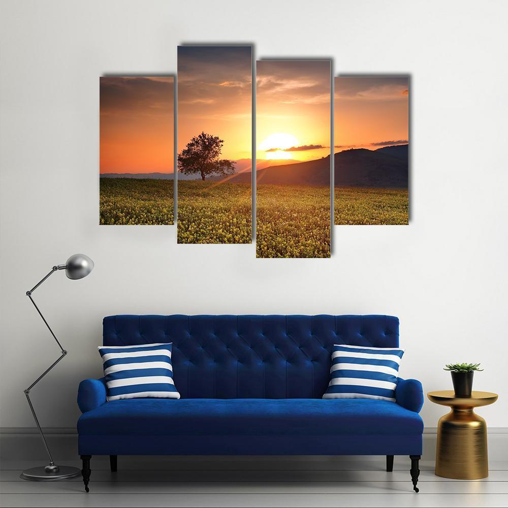Sunset With Single Calm Tree Canvas Wall Art-4 Pop-Gallery Wrap-50" x 32"-Tiaracle