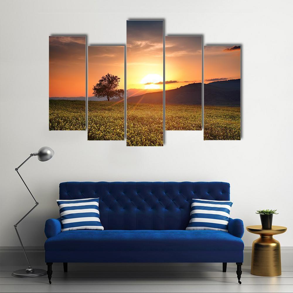 Sunset With Single Calm Tree Canvas Wall Art-5 Pop-Gallery Wrap-47" x 32"-Tiaracle