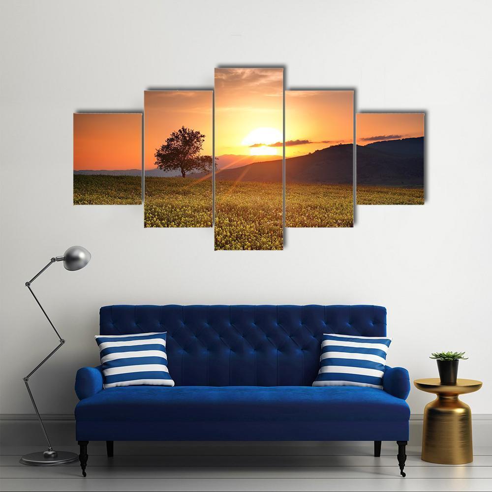 Sunset With Single Calm Tree Canvas Wall Art-5 Star-Gallery Wrap-62" x 32"-Tiaracle