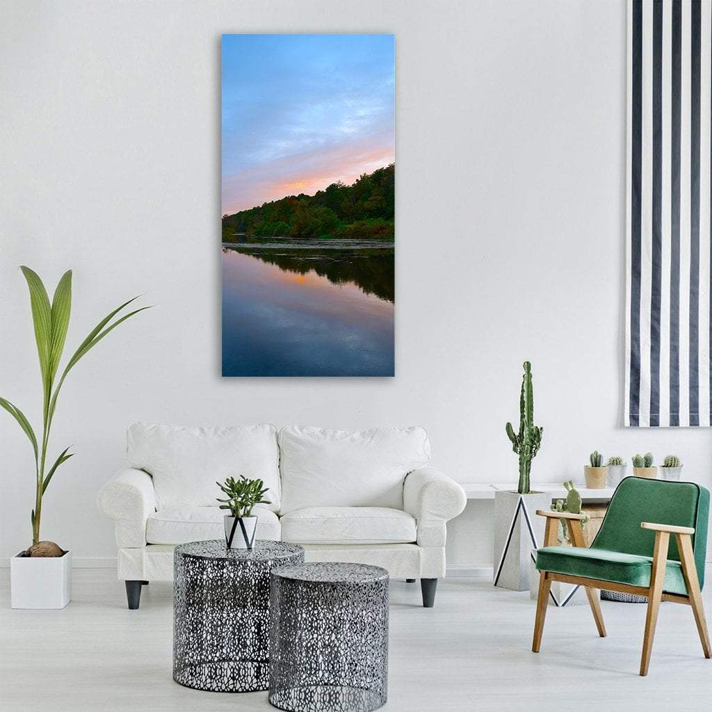 Sunset With Trees Reflection On Water Lake Vertical Canvas Wall Art-3 Vertical-Gallery Wrap-12" x 25"-Tiaracle