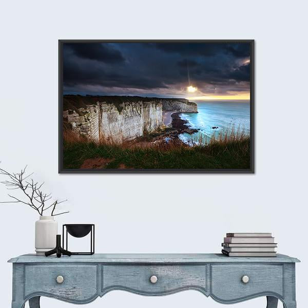 Sunshine And Storm Sky Over Cliffs In Ocean Canvas Wall Art-1 Piece-Floating Frame-24" x 16"-Tiaracle