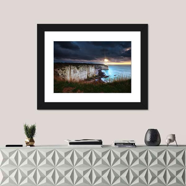 Sunshine And Storm Sky Over Cliffs In Ocean Canvas Wall Art-1 Piece-Framed Print-20" x 16"-Tiaracle