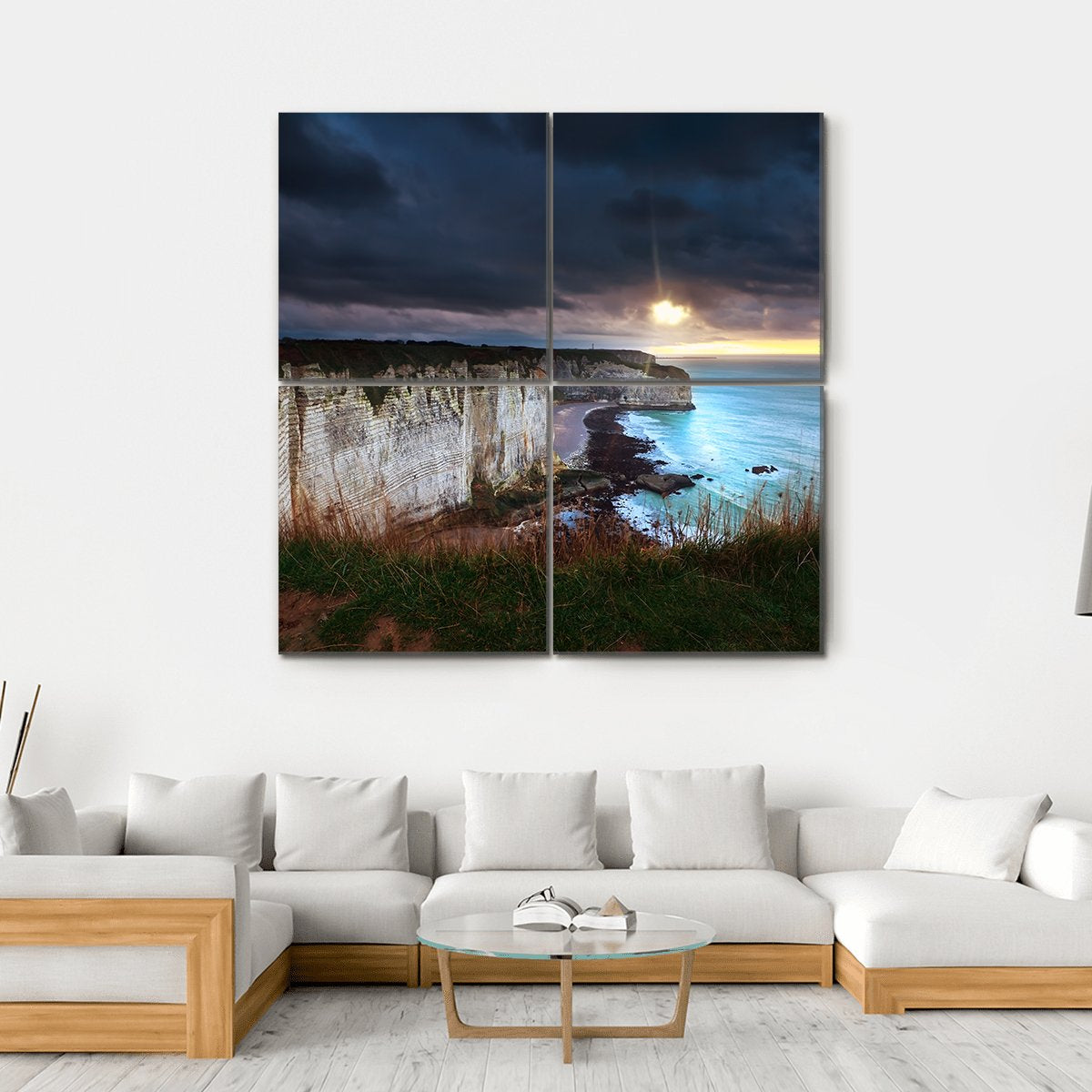 Sunshine And Storm Sky Over Cliffs In Ocean Canvas Wall Art-4 Square-Gallery Wrap-17" x 17"-Tiaracle