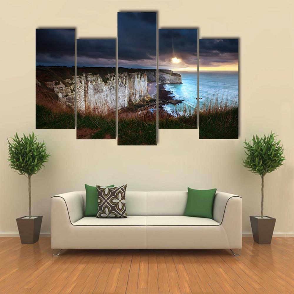 Sunshine And Storm Sky Over Cliffs In Ocean Canvas Wall Art-5 Pop-Gallery Wrap-47" x 32"-Tiaracle