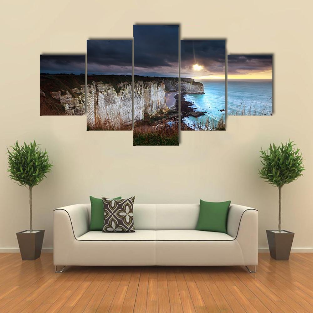 Sunshine And Storm Sky Over Cliffs In Ocean Canvas Wall Art-5 Star-Gallery Wrap-62" x 32"-Tiaracle
