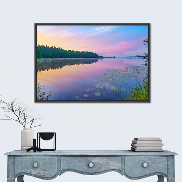Sunsrise Over Forest Lake Canvas Wall Art-1 Piece-Floating Frame-24" x 16"-Tiaracle