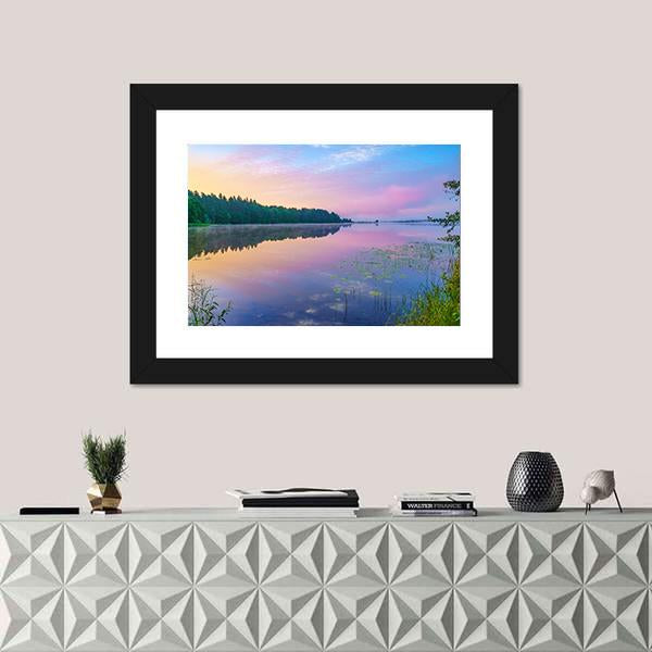 Sunsrise Over Forest Lake Canvas Wall Art-1 Piece-Framed Print-20" x 16"-Tiaracle