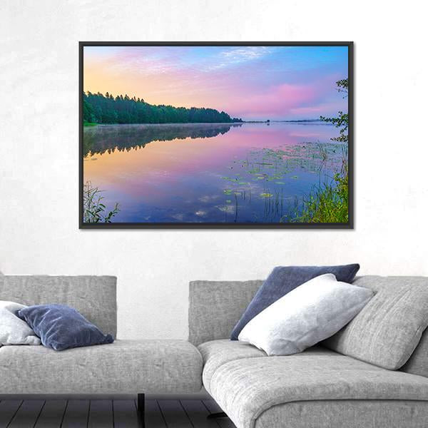 Sunsrise Over Forest Lake Canvas Wall Art-3 Horizontal-Gallery Wrap-25" x 16"-Tiaracle