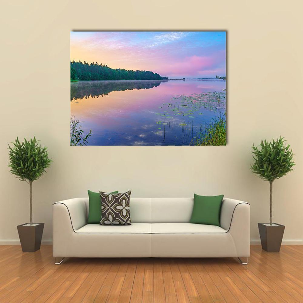 Sunsrise Over Forest Lake Canvas Wall Art-1 Piece-Gallery Wrap-48" x 32"-Tiaracle