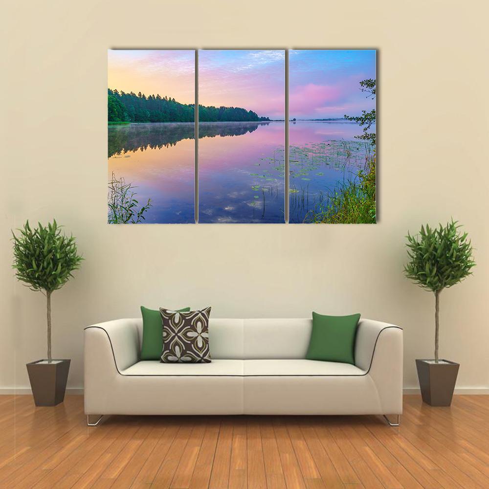 Sunsrise Over Forest Lake Canvas Wall Art-3 Horizontal-Gallery Wrap-37" x 24"-Tiaracle