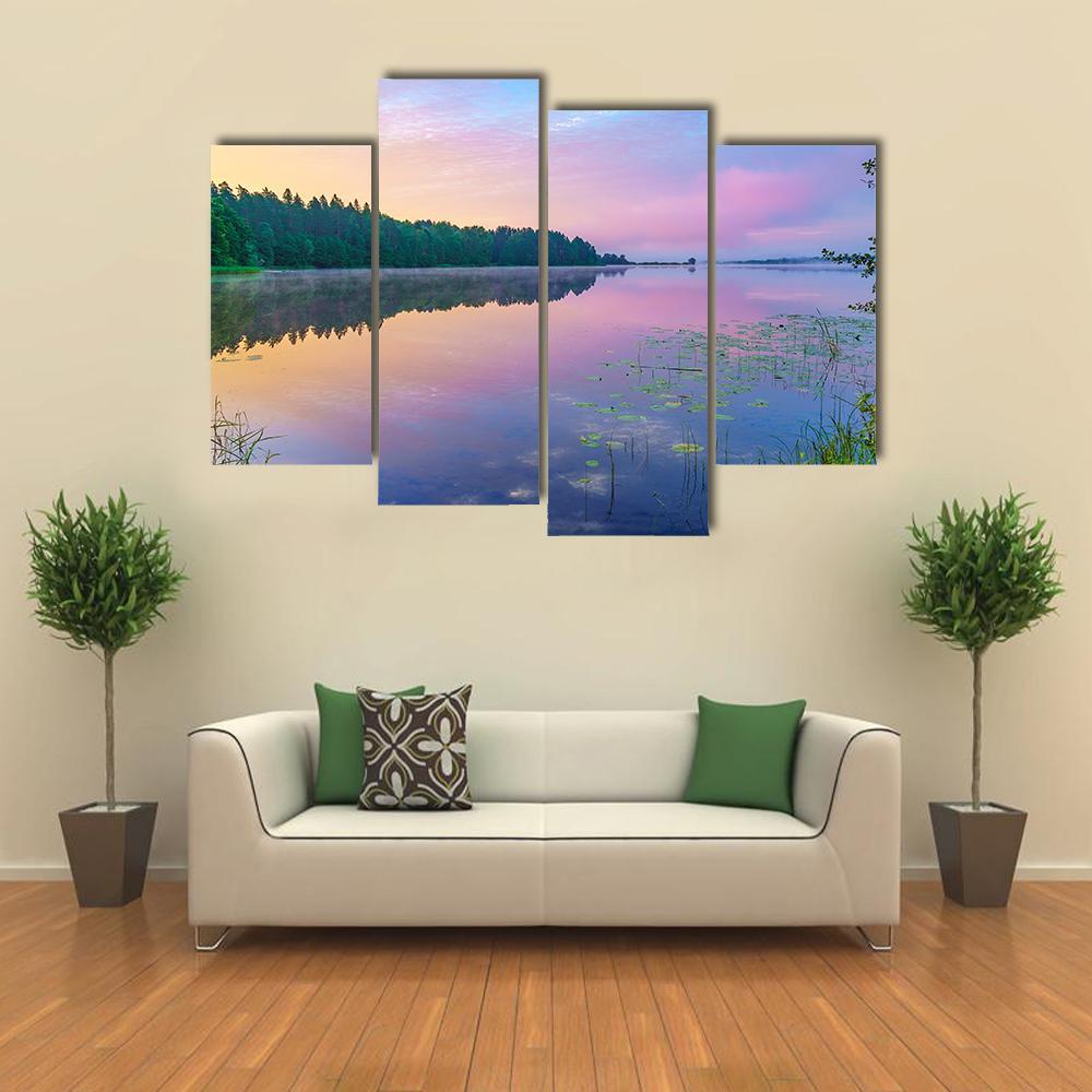 Sunsrise Over Forest Lake Canvas Wall Art-4 Pop-Gallery Wrap-50" x 32"-Tiaracle