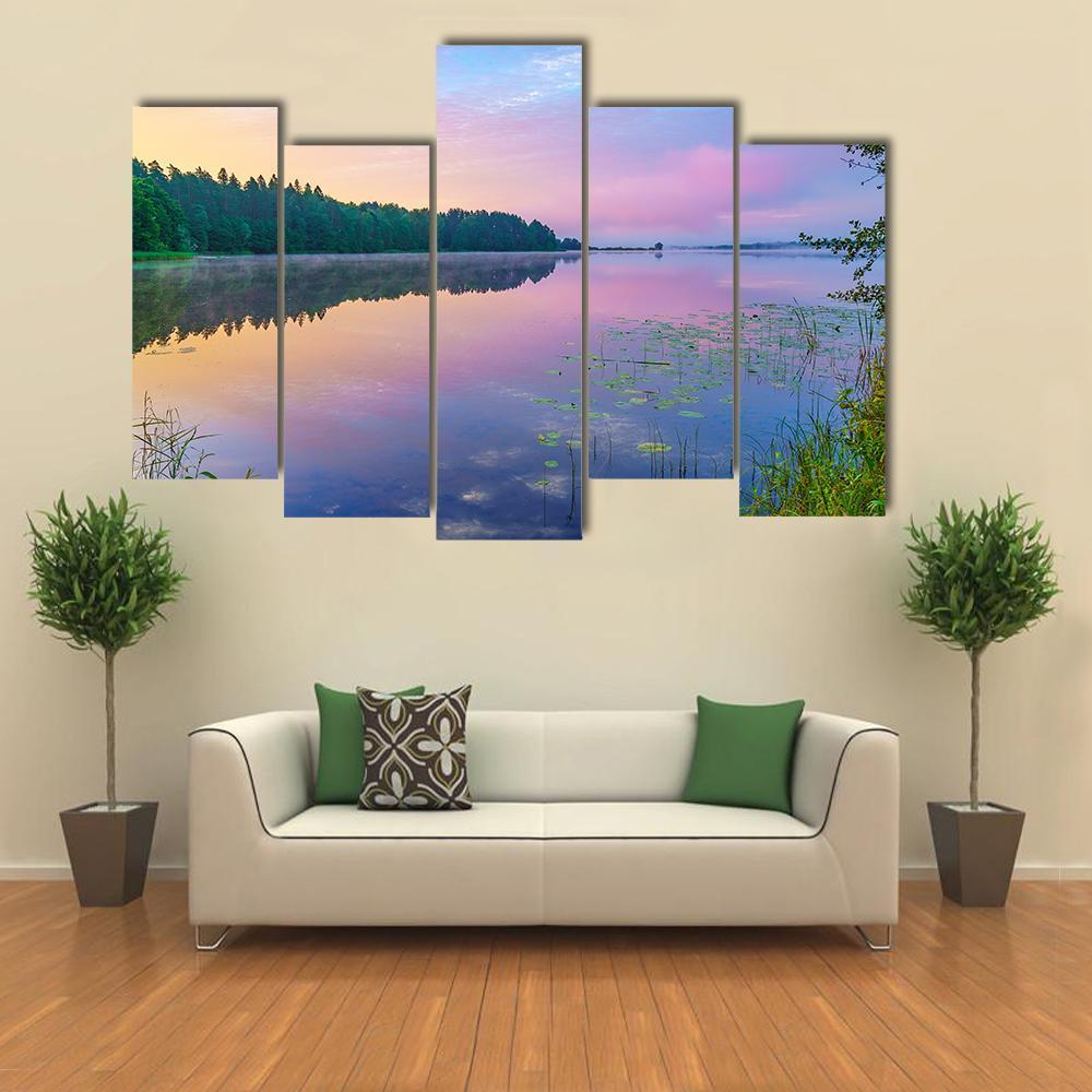 Sunsrise Over Forest Lake Canvas Wall Art-5 Pop-Gallery Wrap-47" x 32"-Tiaracle