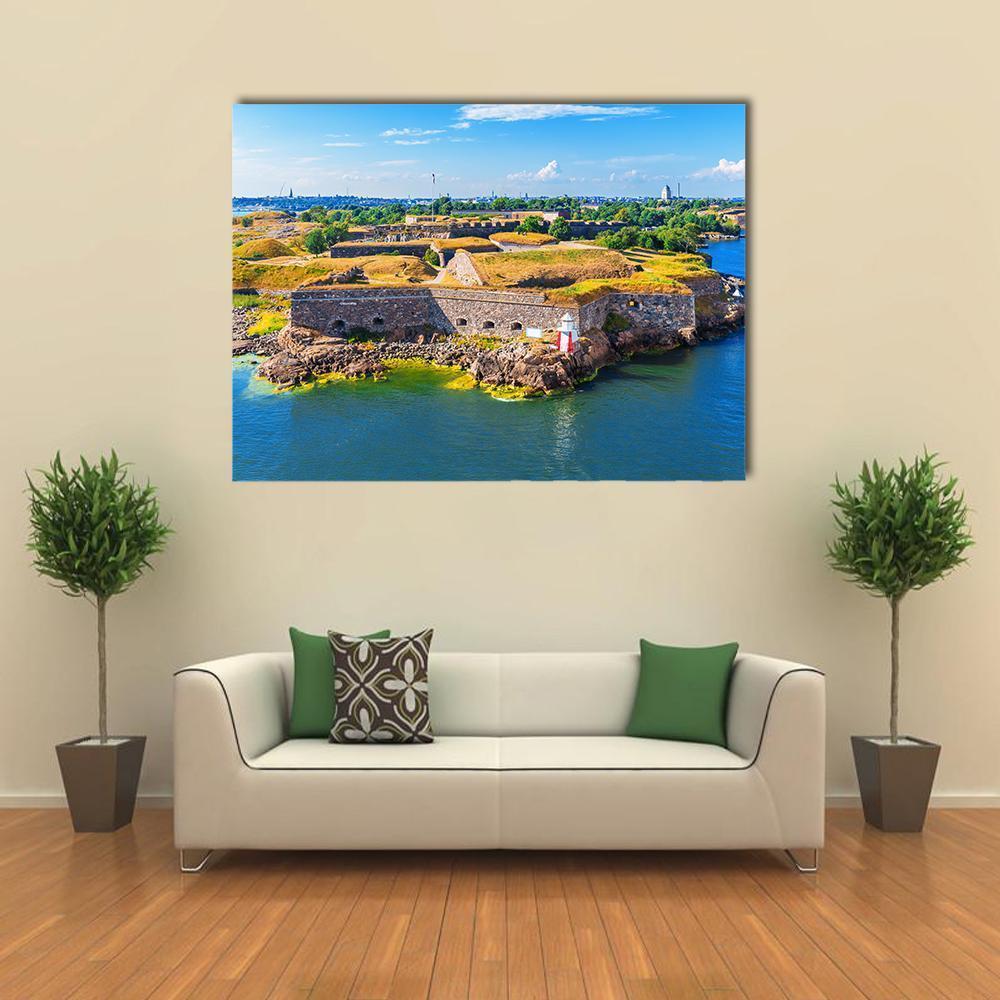 Suomenlinna Sea Fortress, Helsinki Canvas Wall Art in brown, green and blue, single panel hung on a wall