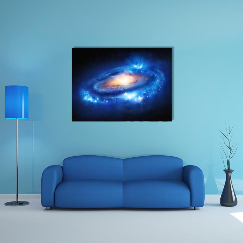 Supermassive Galaxy Canvas Wall Art in black and blue, single panel hung on a wall