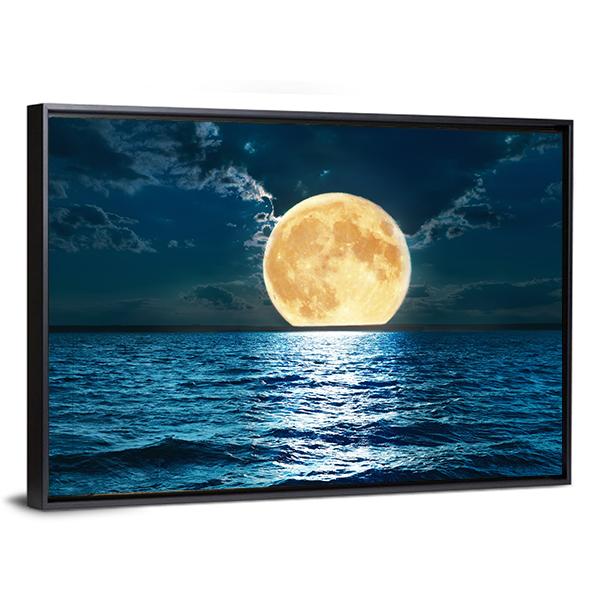 Super Moon Over Water Canvas Wall Art-3 Horizontal-Gallery Wrap-25" x 16"-Tiaracle