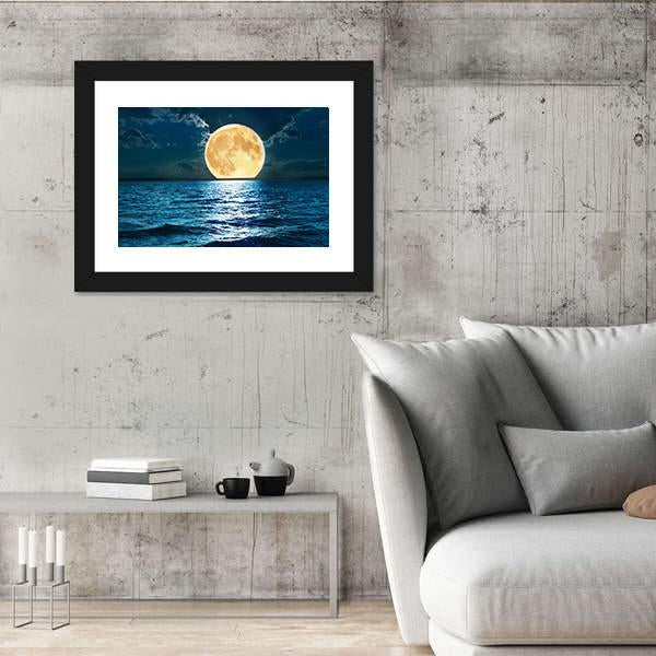 Super Moon Over Water Canvas Wall Art-3 Horizontal-Gallery Wrap-25" x 16"-Tiaracle