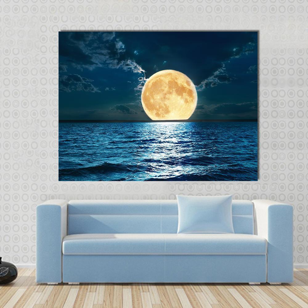 Super Moon Over Water Canvas Wall Art-4 Pop-Gallery Wrap-50" x 32"-Tiaracle