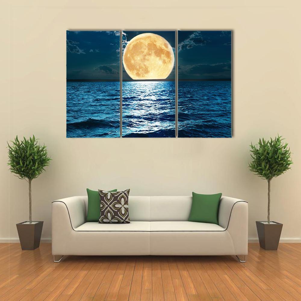 Super Moon Over Water Canvas Wall Art-3 Horizontal-Gallery Wrap-37" x 24"-Tiaracle
