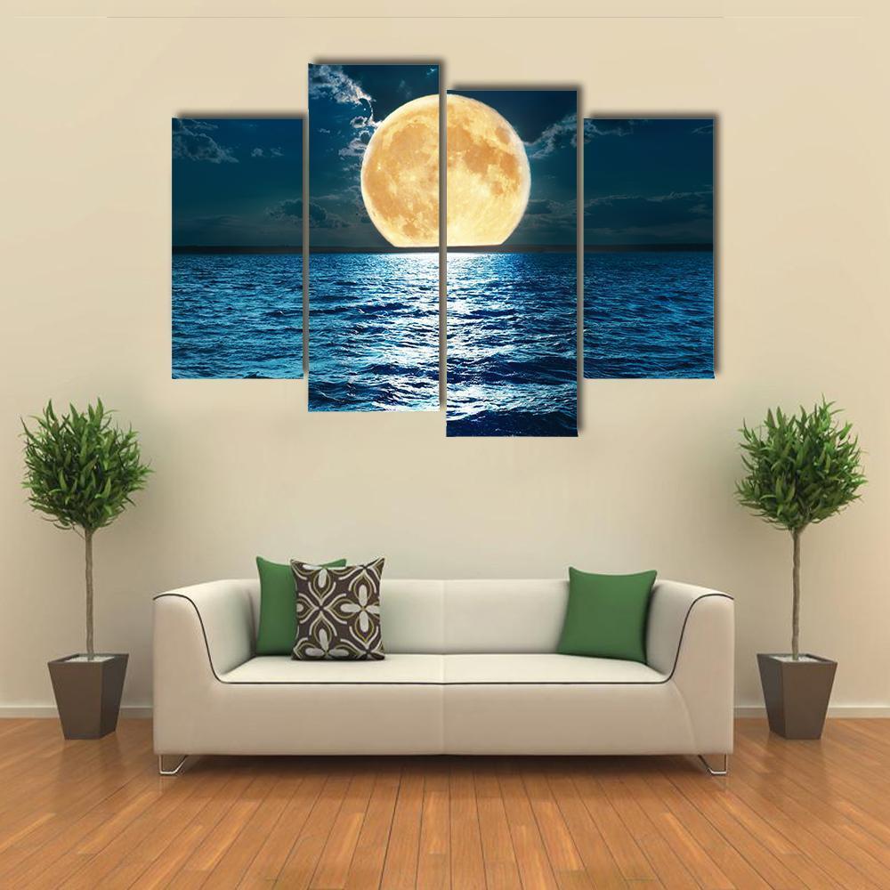 Super Moon Over Water Canvas Wall Art-4 Pop-Gallery Wrap-50" x 32"-Tiaracle
