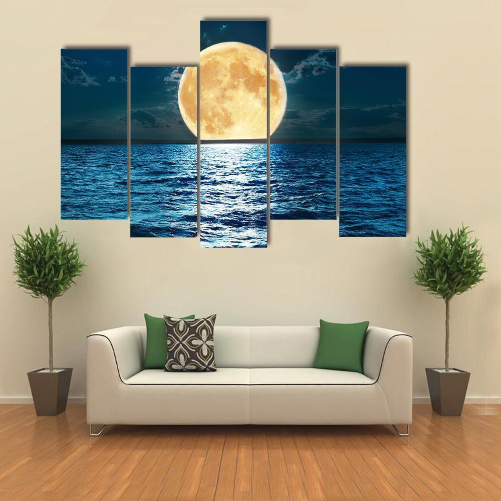 Super Moon Over Water Canvas Wall Art-5 Pop-Gallery Wrap-47" x 32"-Tiaracle