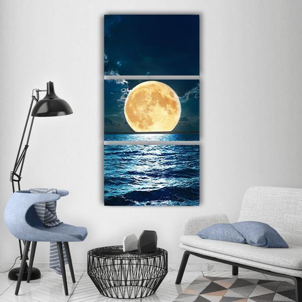 Super Moon Over Water Vertical Canvas Wall Art-3 Vertical-Gallery Wrap-12" x 25"-Tiaracle