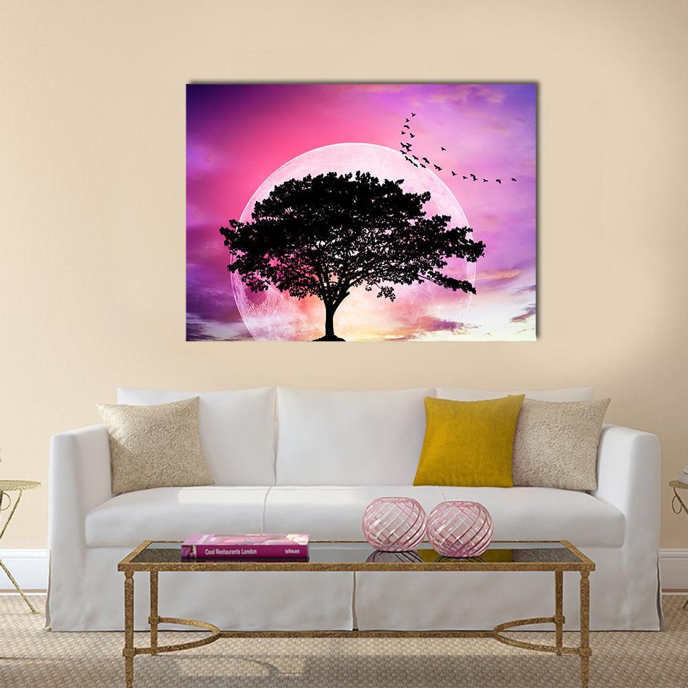 Super Moon With Tree Canvas Wall Art-4 Horizontal-Gallery Wrap-34" x 24"-Tiaracle