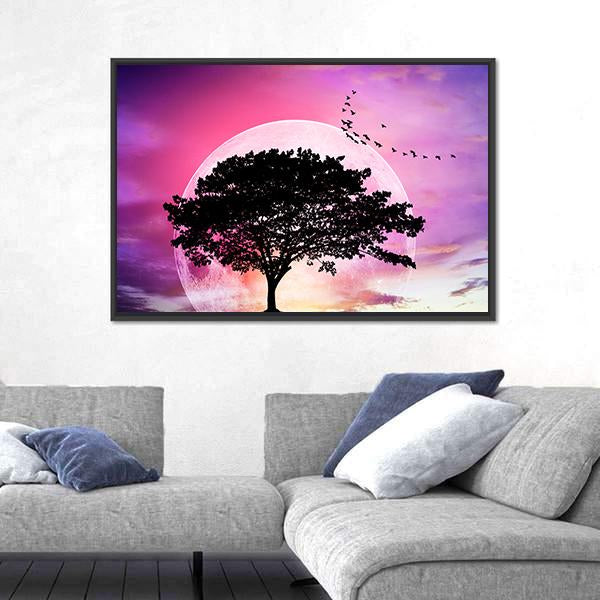 Super Moon With Tree Vertical Canvas Wall Art-3 Vertical-Gallery Wrap-12" x 25"-Tiaracle