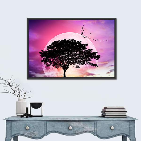 Super Moon With Tree Vertical Canvas Wall Art-3 Vertical-Gallery Wrap-12" x 25"-Tiaracle