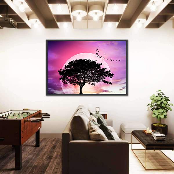 Super Moon With Tree Vertical Canvas Wall Art-3 Vertical-Gallery Wrap-12" x 25"-Tiaracle