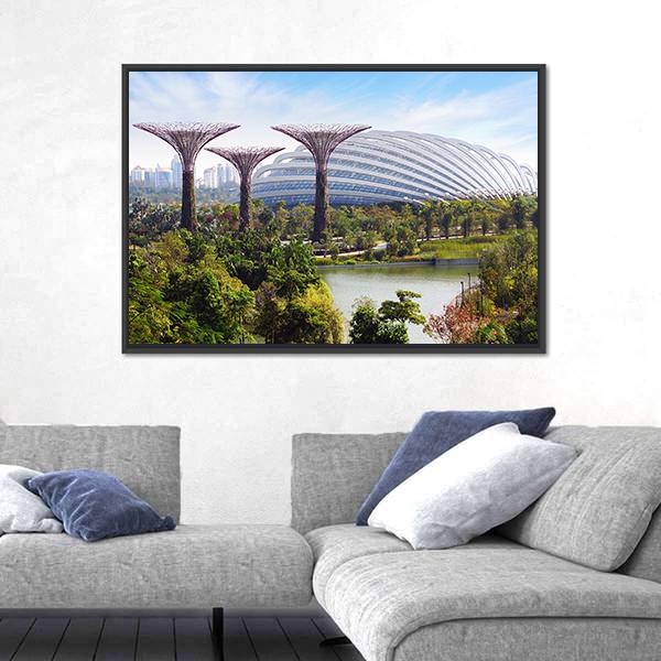 Supertree Grove at Gardens by the Bay Canvas Wall Art in gray, green and blue, framed canvas, product view on a white background