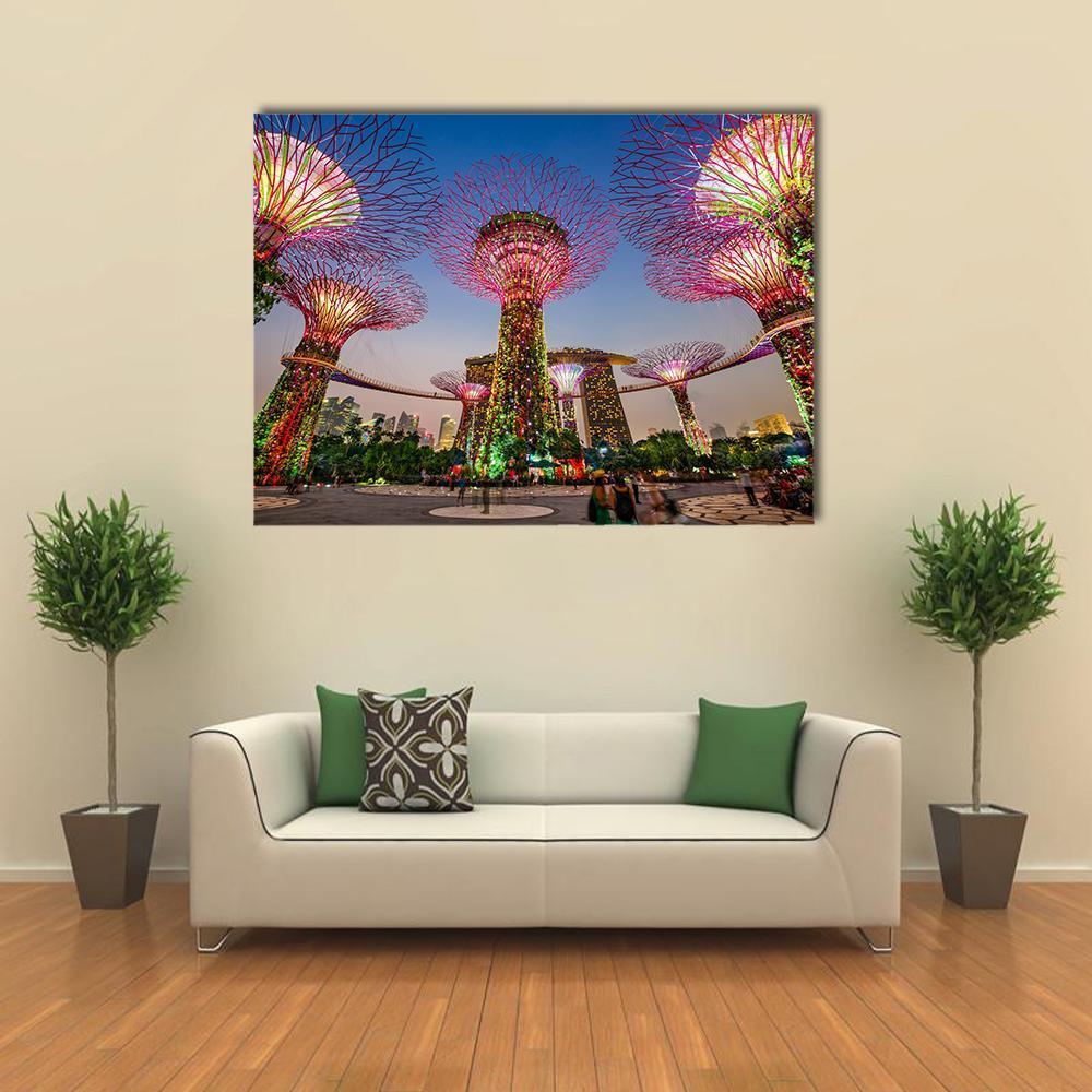 Supertree Grove at Gardens by the Bay Canvas Wall Art in green, blue and purple, single panel hung on a wall